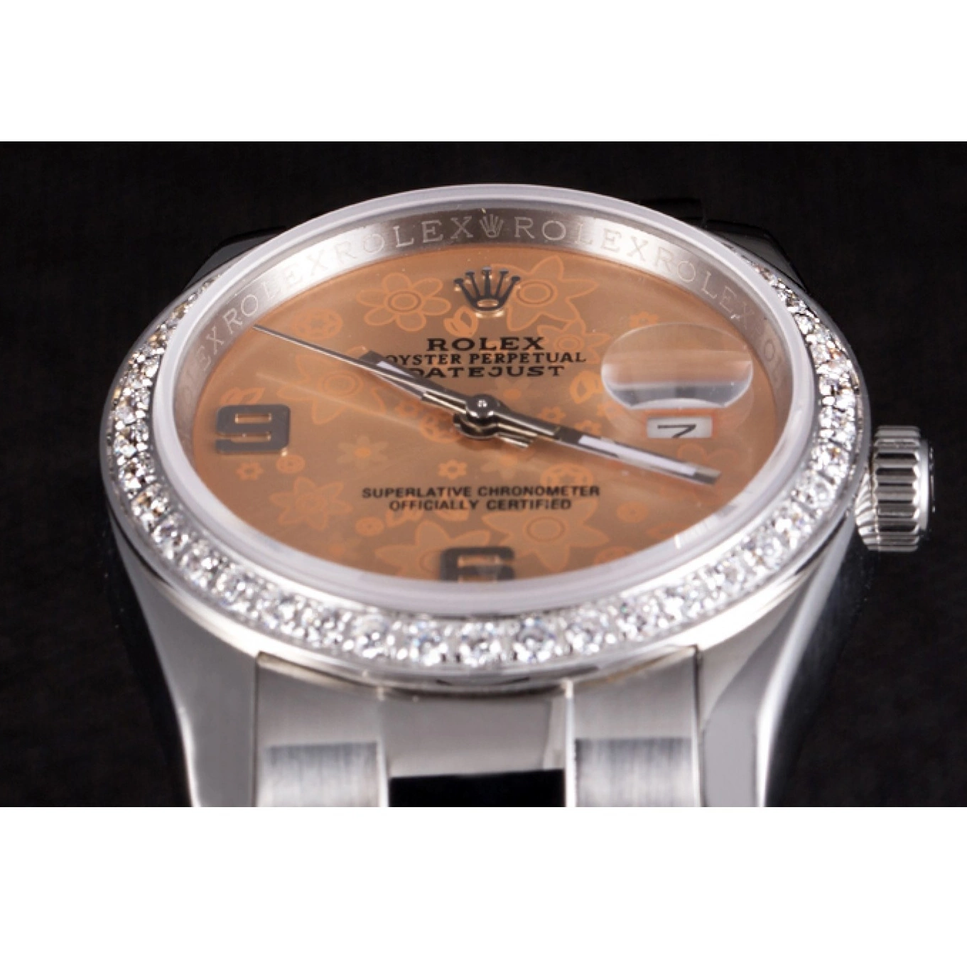 AAA Replica Watches Stainless Rolex Orange Diamond Dial Polished Flowers Plated Steel Datejust 0817